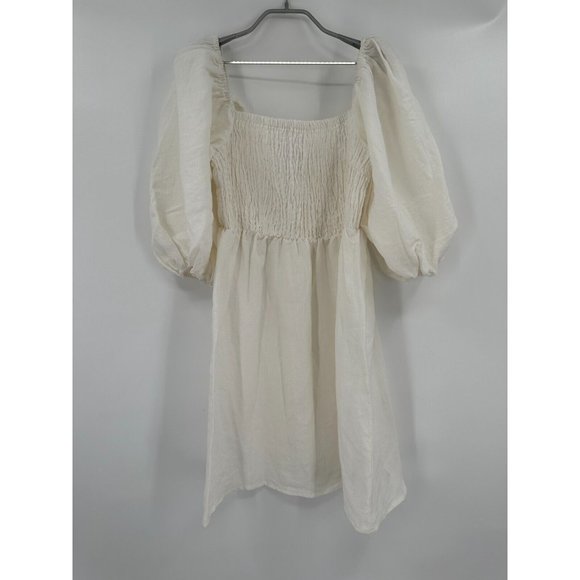 Tuckernuck Women's Annie Smocked Mini Dress Linen Puff Sleeve White sz L NEW - Picture 2 of 8